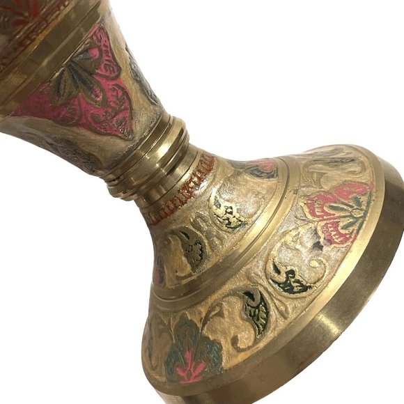 Vintage 1960s Solid Brass Enameled Ruffled Edge Vase Flowers India Hand Painted - Picture 5 of 8
